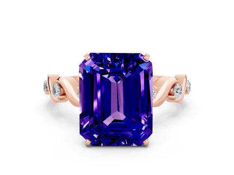 Rose gold Emerald Cut Tanzanite Solitaire Twisted Band with Round  Accents and Prong Setting_12