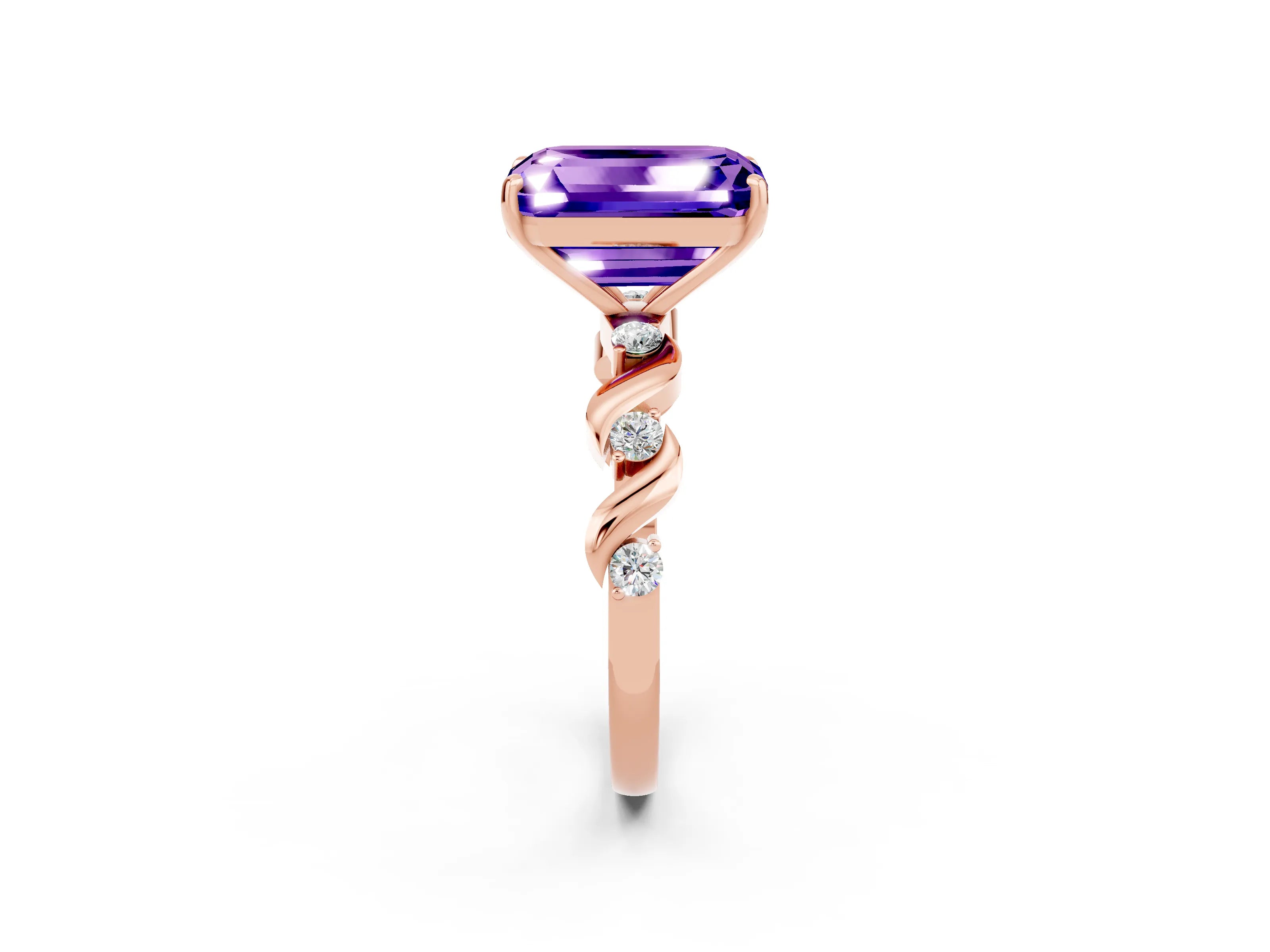 Rose gold Emerald Cut Tanzanite Solitaire Twisted Band with Round  Accents and Prong Setting_14