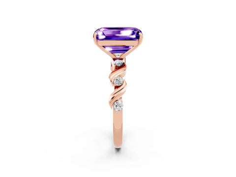 Rose gold Emerald Cut Tanzanite Solitaire Twisted Band with Round  Accents and Prong Setting_14