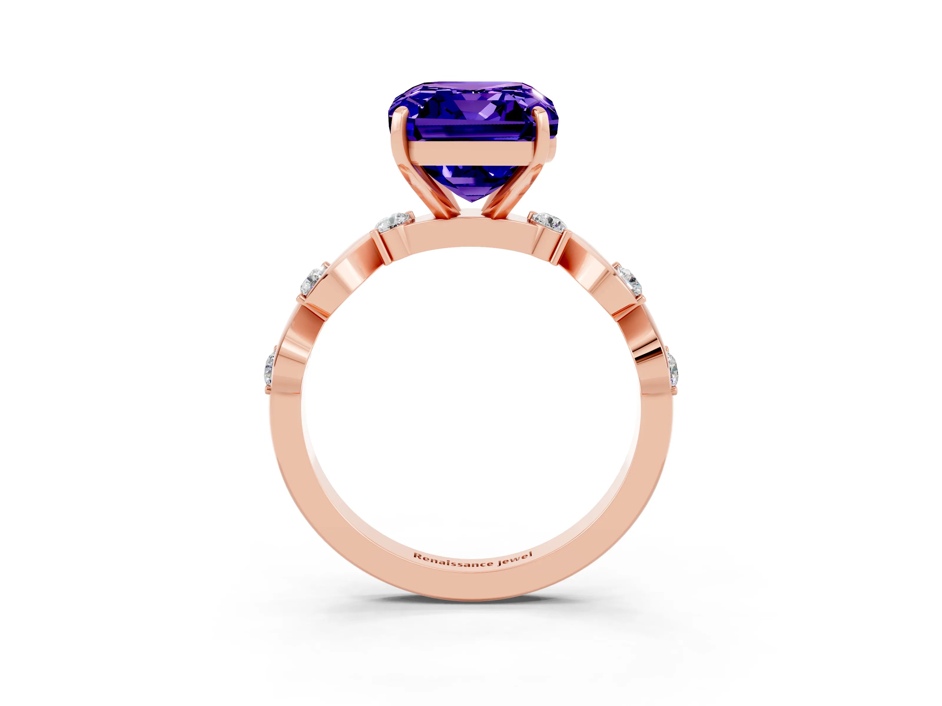 Rose gold Emerald Cut Tanzanite Solitaire Twisted Band with Round  Accents and Prong Setting_15