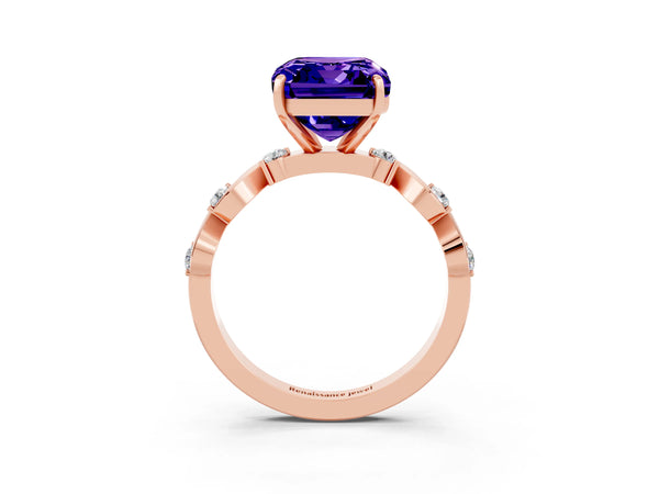 Rose gold Emerald Cut Tanzanite Solitaire Twisted Band with Round  Accents and Prong Setting