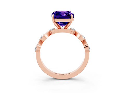 Rose gold Emerald Cut Tanzanite Solitaire Twisted Band with Round  Accents and Prong Setting_15