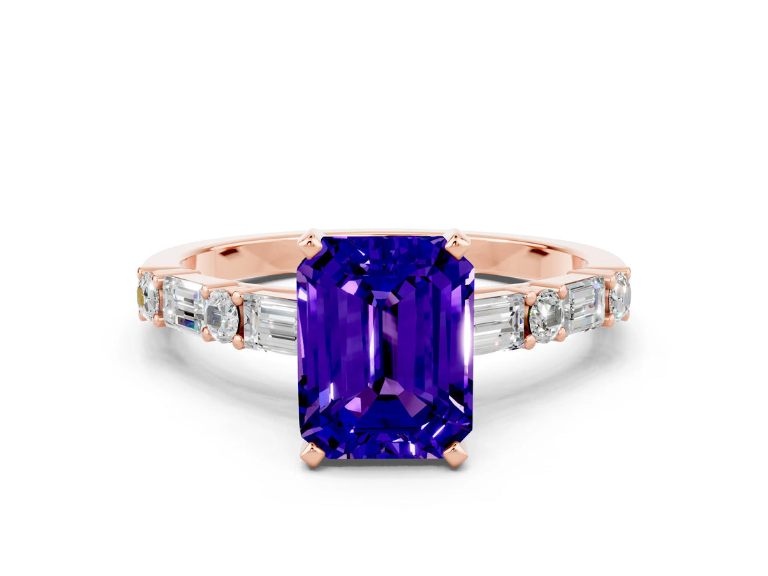 Rose gold Emerald Cut Tanzanite Solitaire with Side Baguettes and Channel Set Band