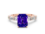 Rose gold Emerald Cut Tanzanite Solitaire with Side Baguettes and Channel Set Band