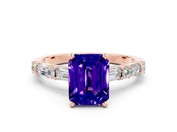 Rose gold Emerald Cut Tanzanite Solitaire with Side Baguettes and Channel Set Band