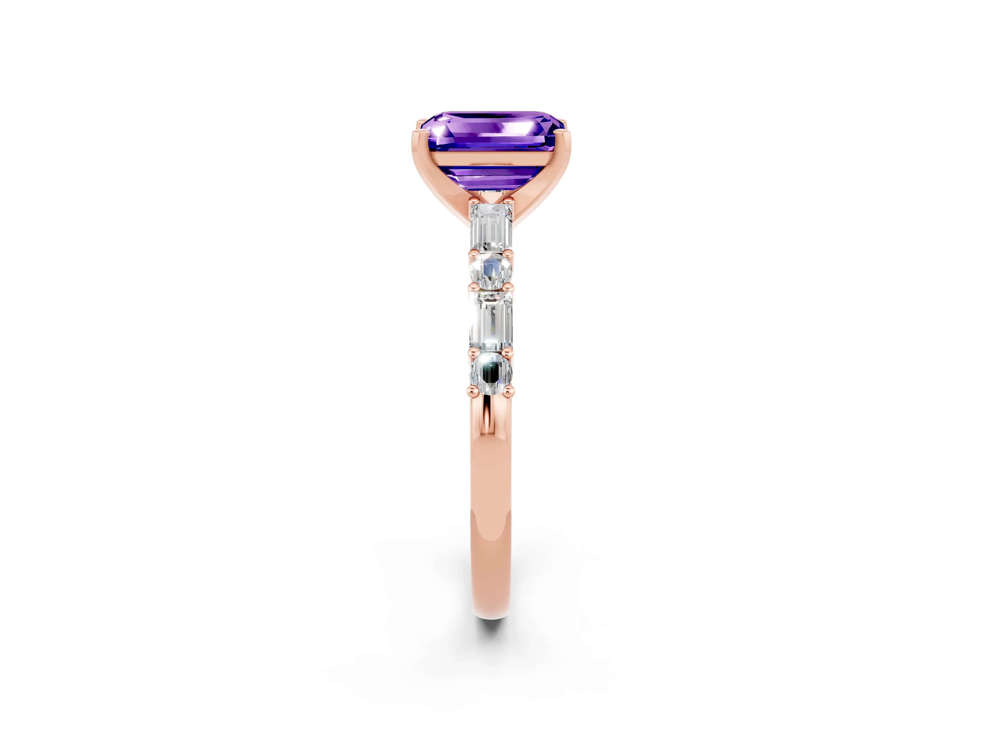 Rose gold Emerald Cut Tanzanite Solitaire with Side Baguettes and Channel Set Band_2