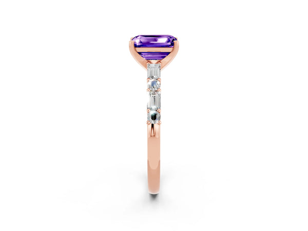 Rose gold Emerald Cut Tanzanite Solitaire with Side Baguettes and Channel Set Band