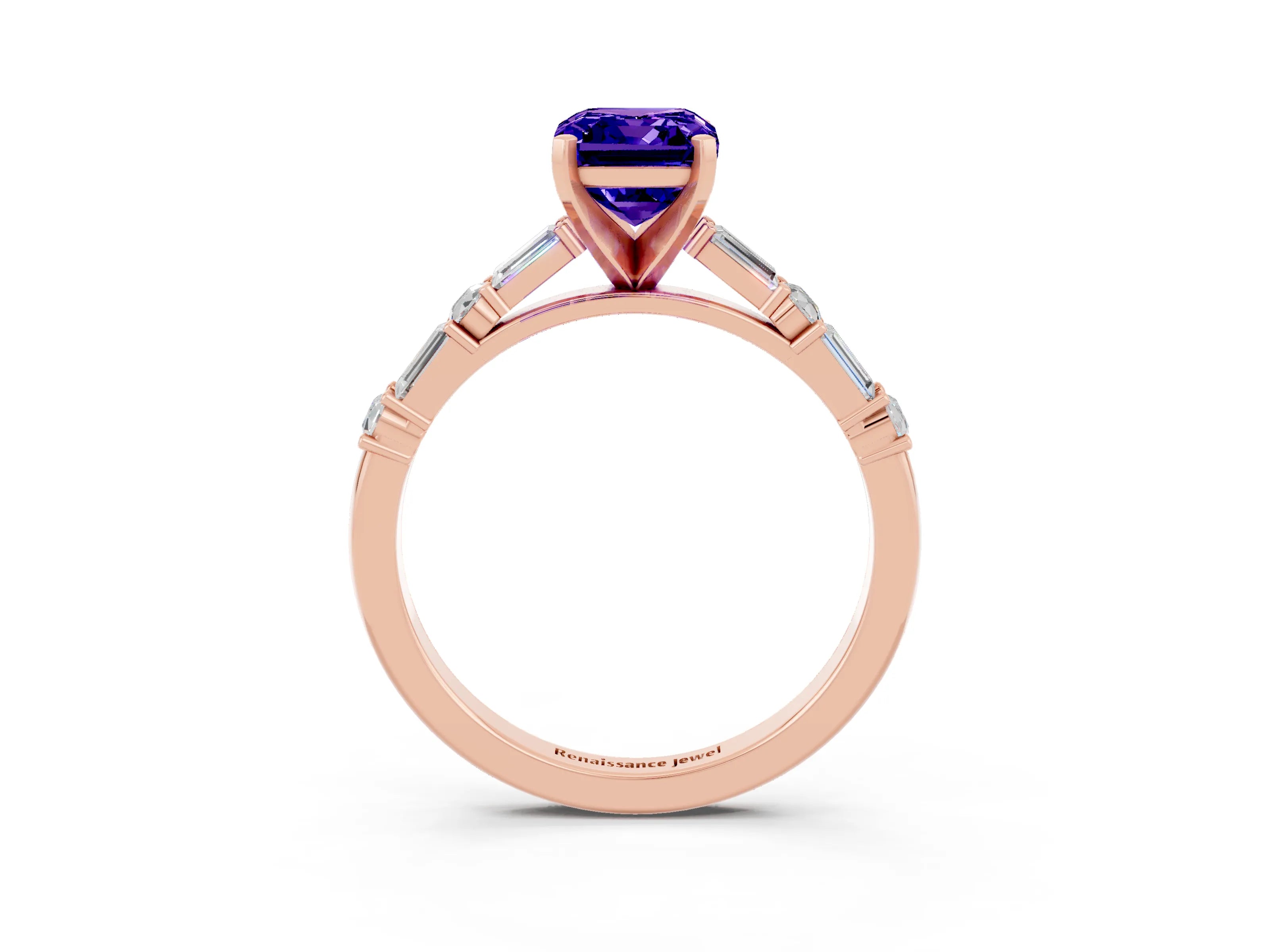 Rose gold Emerald Cut Tanzanite Solitaire with Side Baguettes and Channel Set Band_3