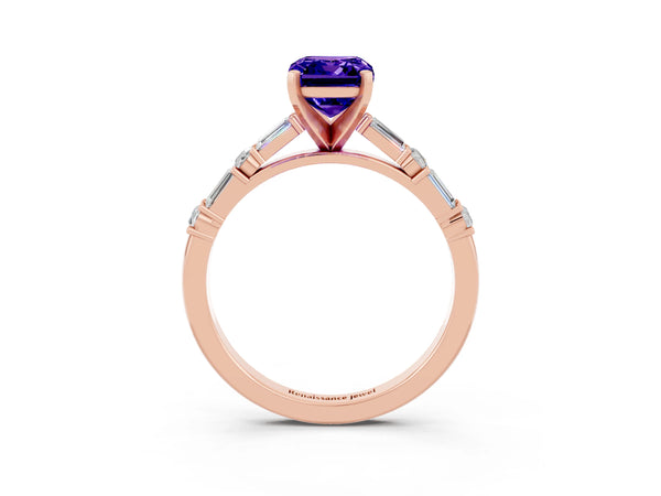 Rose gold Emerald Cut Tanzanite Solitaire with Side Baguettes and Channel Set Band