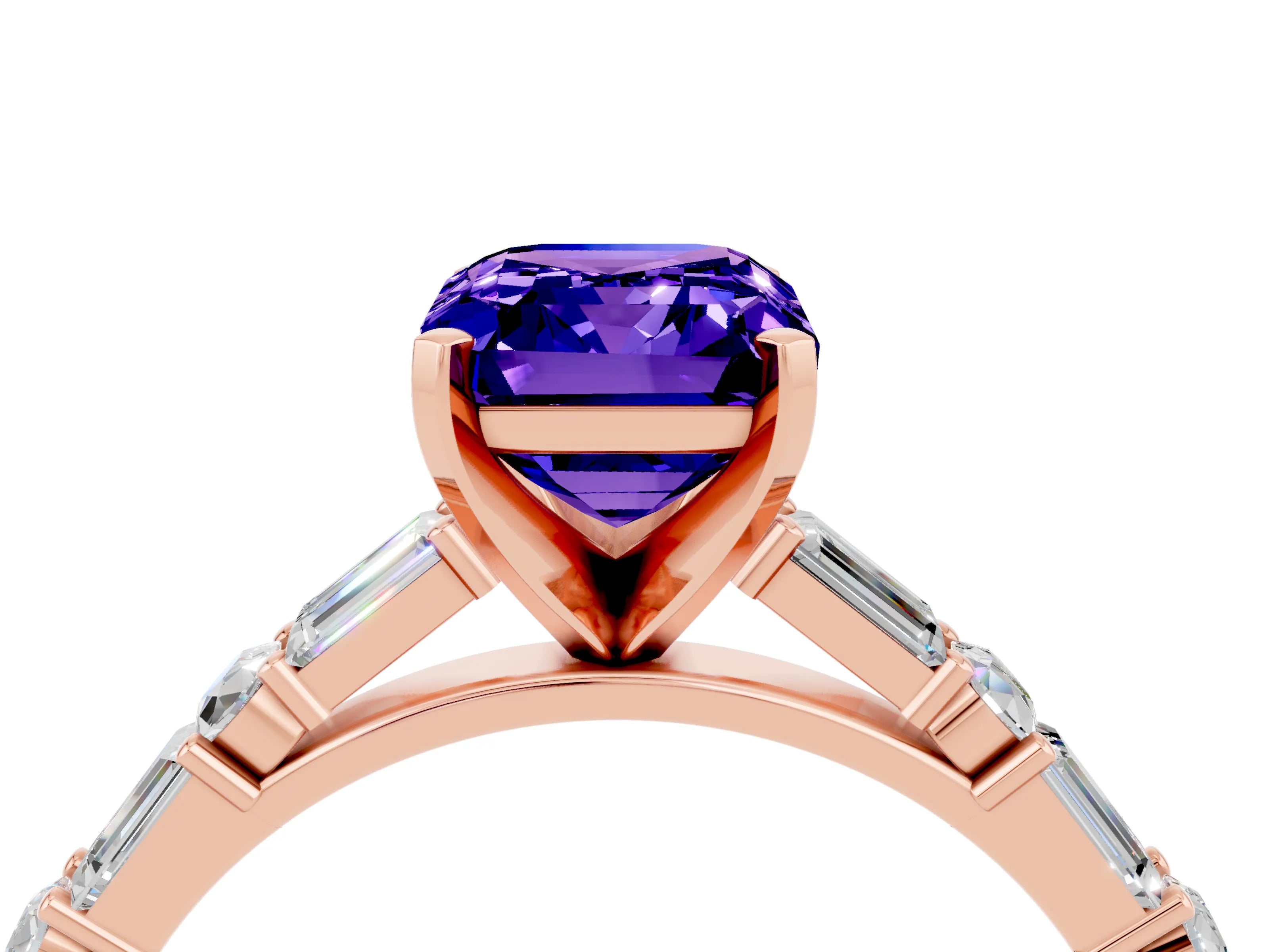 Rose gold Emerald Cut Tanzanite Solitaire with Side Baguettes and Channel Set Band_4