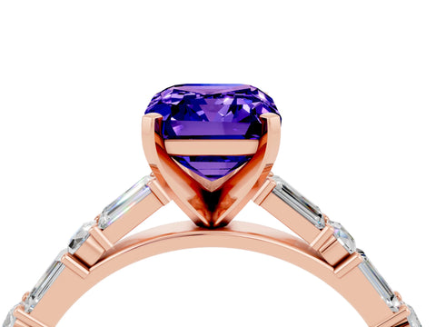 Rose gold Emerald Cut Tanzanite Solitaire with Side Baguettes and Channel Set Band_4