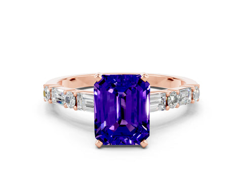 Rose gold Emerald Cut Tanzanite Solitaire with Side Baguettes and Channel Set Band