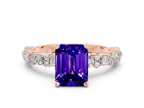 Rose gold Emerald Cut Tanzanite Side Stone Solitaire Ring with Round  and Four-Prong Setting