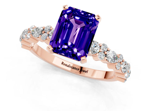 Rose gold Emerald Cut Tanzanite Solitaire with Side Stones, Pave Band, Four-Prong Setting_49