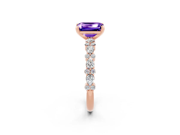 Rose gold Emerald Cut Tanzanite Side Stone Solitaire Ring with Round  and Four-Prong Setting