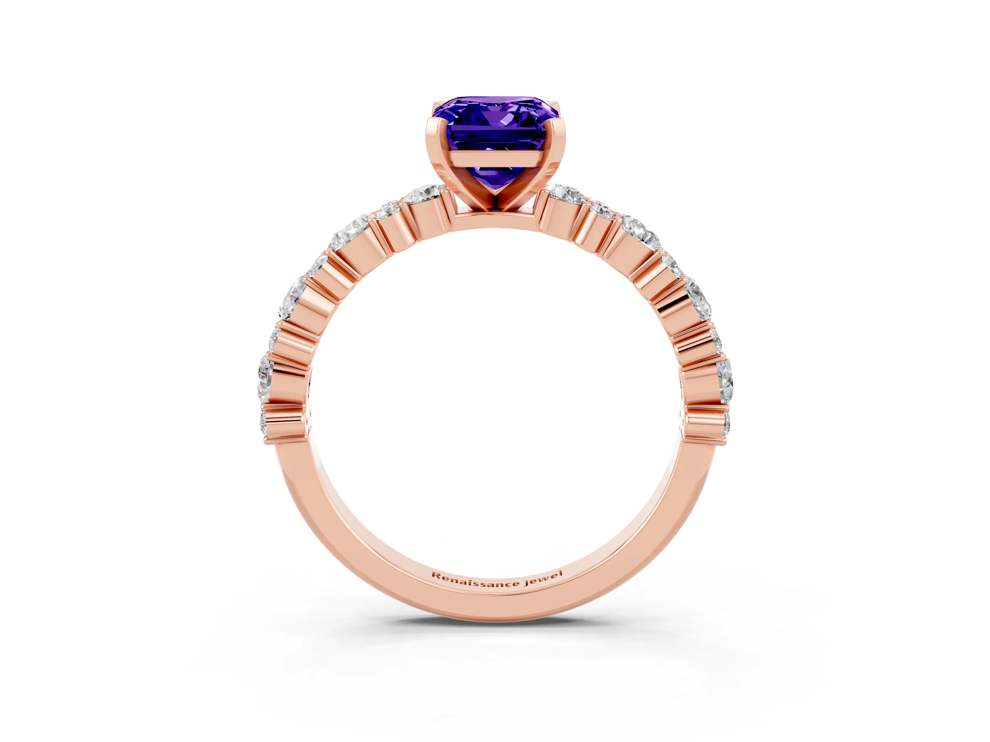 Rose gold Emerald Cut Tanzanite Solitaire with Side Stones, Pave Band, Four-Prong Setting_51