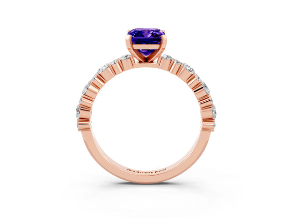 Rose gold Emerald Cut Tanzanite Side Stone Solitaire Ring with Round  and Four-Prong Setting