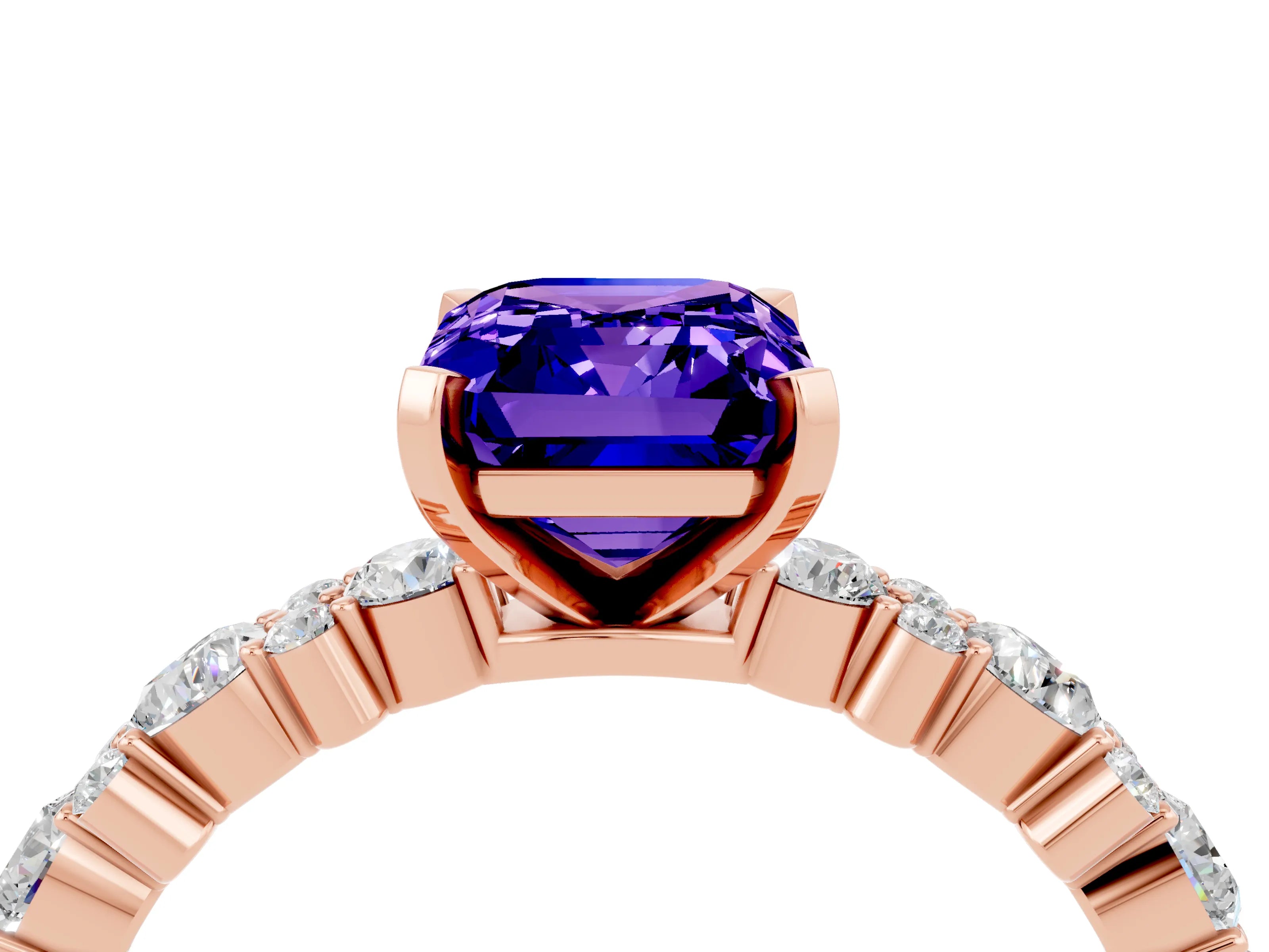 Rose gold Emerald Cut Tanzanite Solitaire with Side Stones, Pave Band, Four-Prong Setting_52