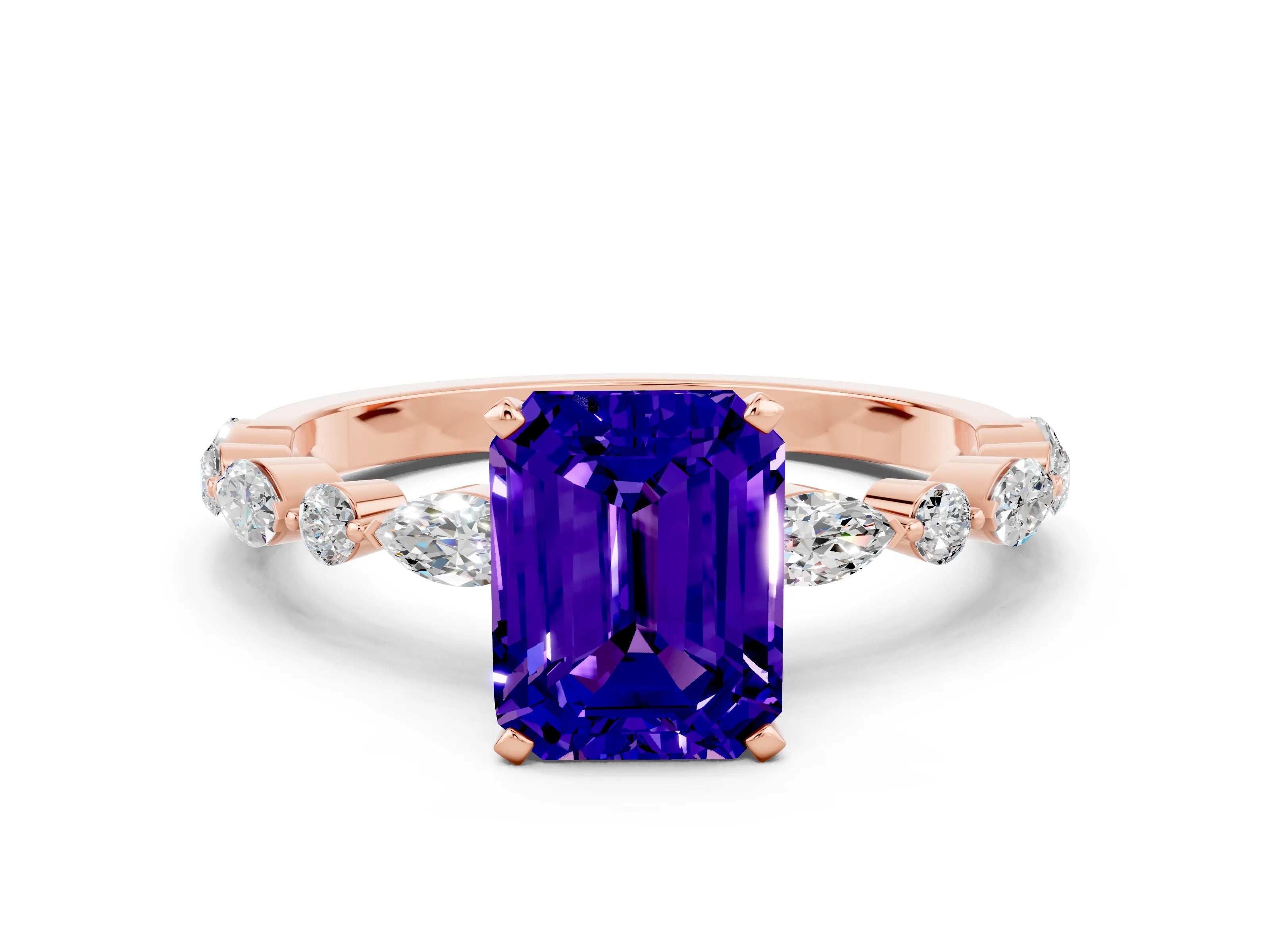 Rose gold Emerald Cut Tanzanite Solitaire with Side Stones on a Pavé Band and Four-Prong Setting