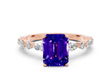 Rose gold Emerald Cut Tanzanite Solitaire with Side Stones on a Pavé Band and Four-Prong Setting