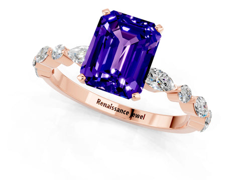 Rose gold Emerald Cut Tanzanite Solitaire with Side Stones on a Pavé Band and Four-Prong Setting_1