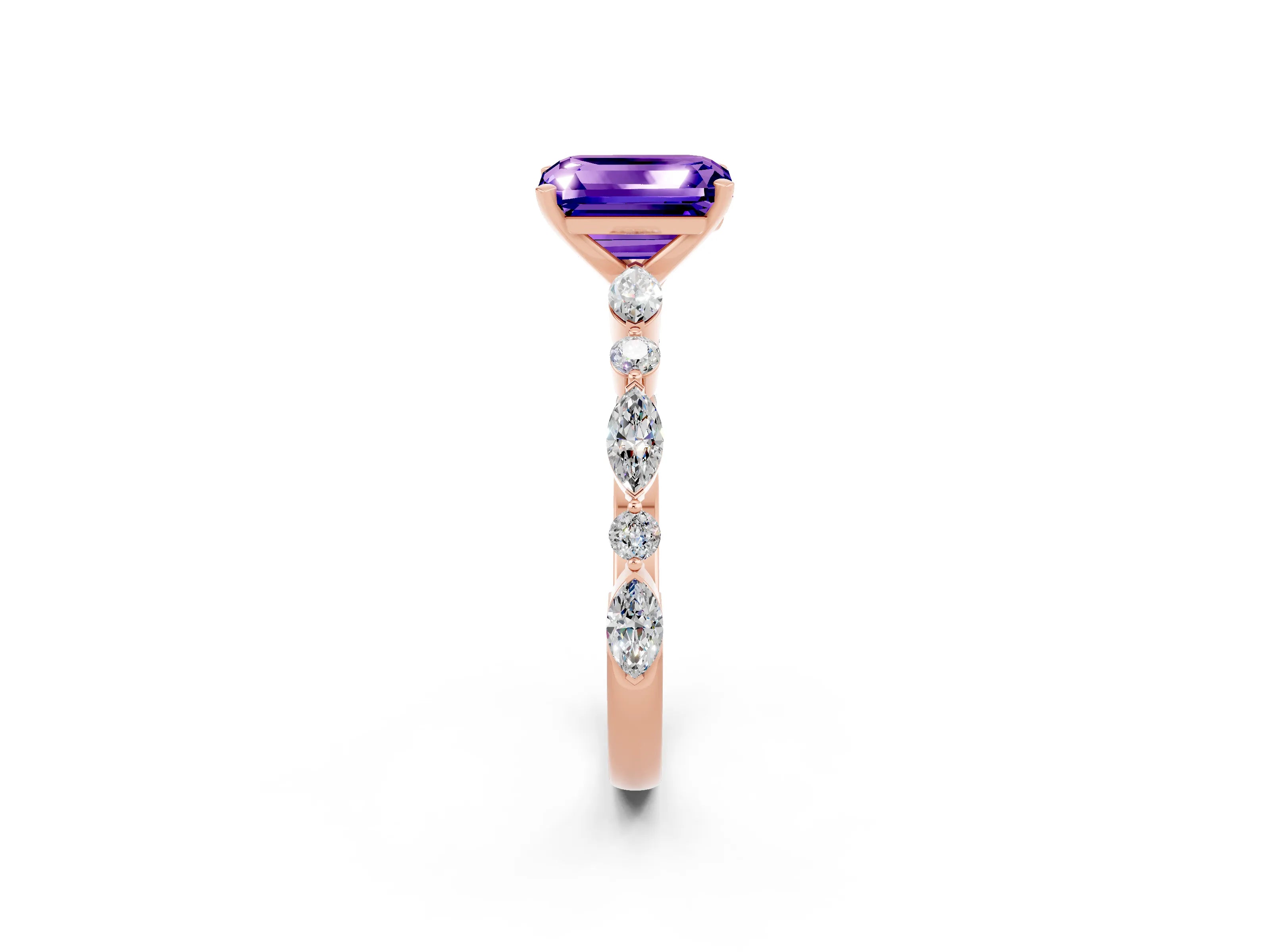 Rose gold Emerald Cut Tanzanite Solitaire with Side Stones on a Pavé Band and Four-Prong Setting_2
