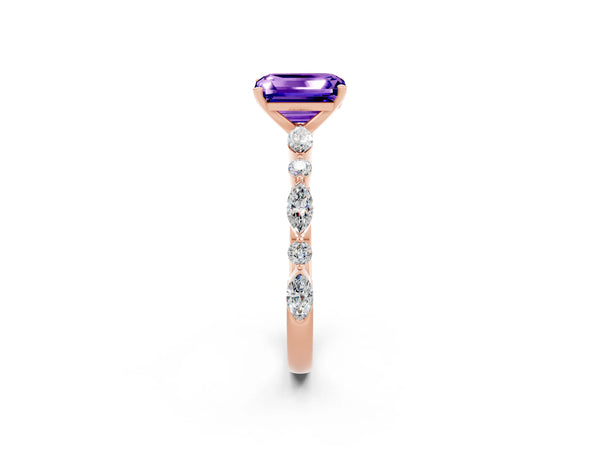Rose gold Emerald Cut Tanzanite Ring with Marquise and Round  Side Stones and Four-Prong Setting