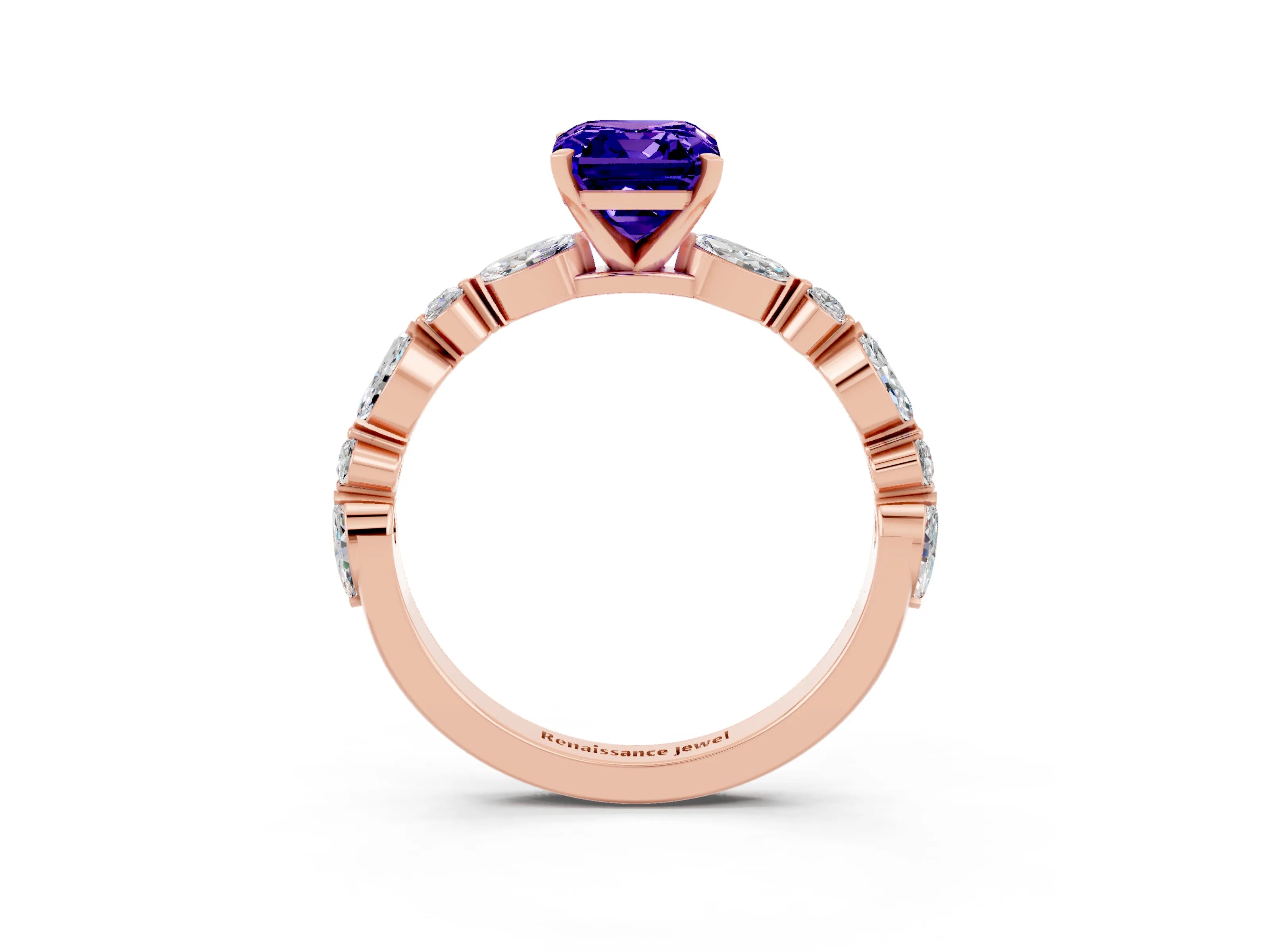 Rose gold Emerald Cut Tanzanite Solitaire with Side Stones on a Pavé Band and Four-Prong Setting_3