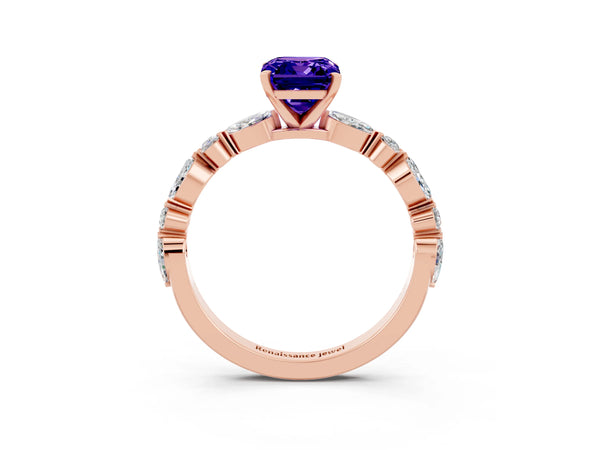 Rose gold Emerald Cut Tanzanite Ring with Marquise and Round  Side Stones and Four-Prong Setting