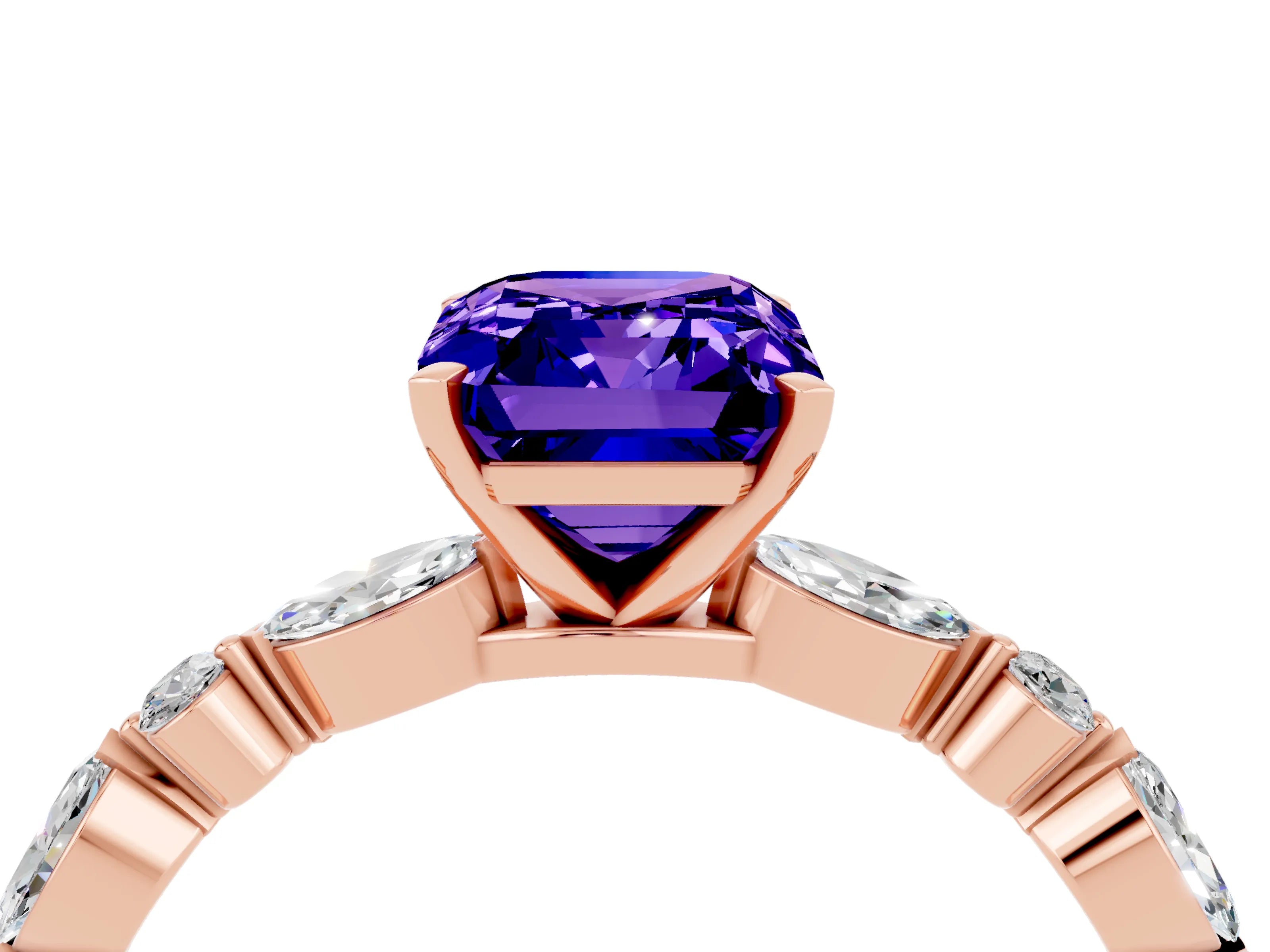 Rose gold Emerald Cut Tanzanite Solitaire with Side Stones on a Pavé Band and Four-Prong Setting_4