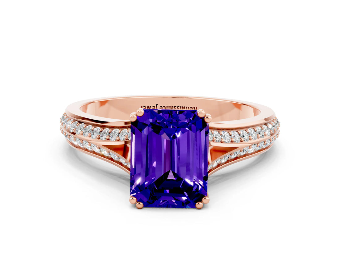 Rose gold Emerald Cut Tanzanite Split Shank Engagement Ring with Pavé Band