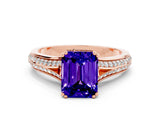 Rose gold Emerald Cut Tanzanite Split Shank Engagement Ring with Pavé Band