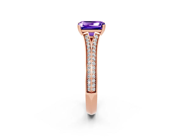 Rose gold Emerald Cut Tanzanite Split Shank Engagement Ring with Pavé Band