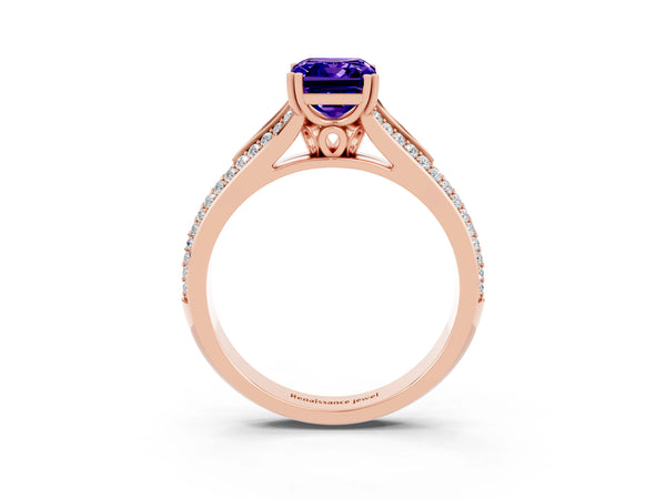 Rose gold Emerald Cut Tanzanite Split Shank Engagement Ring with Pavé Band