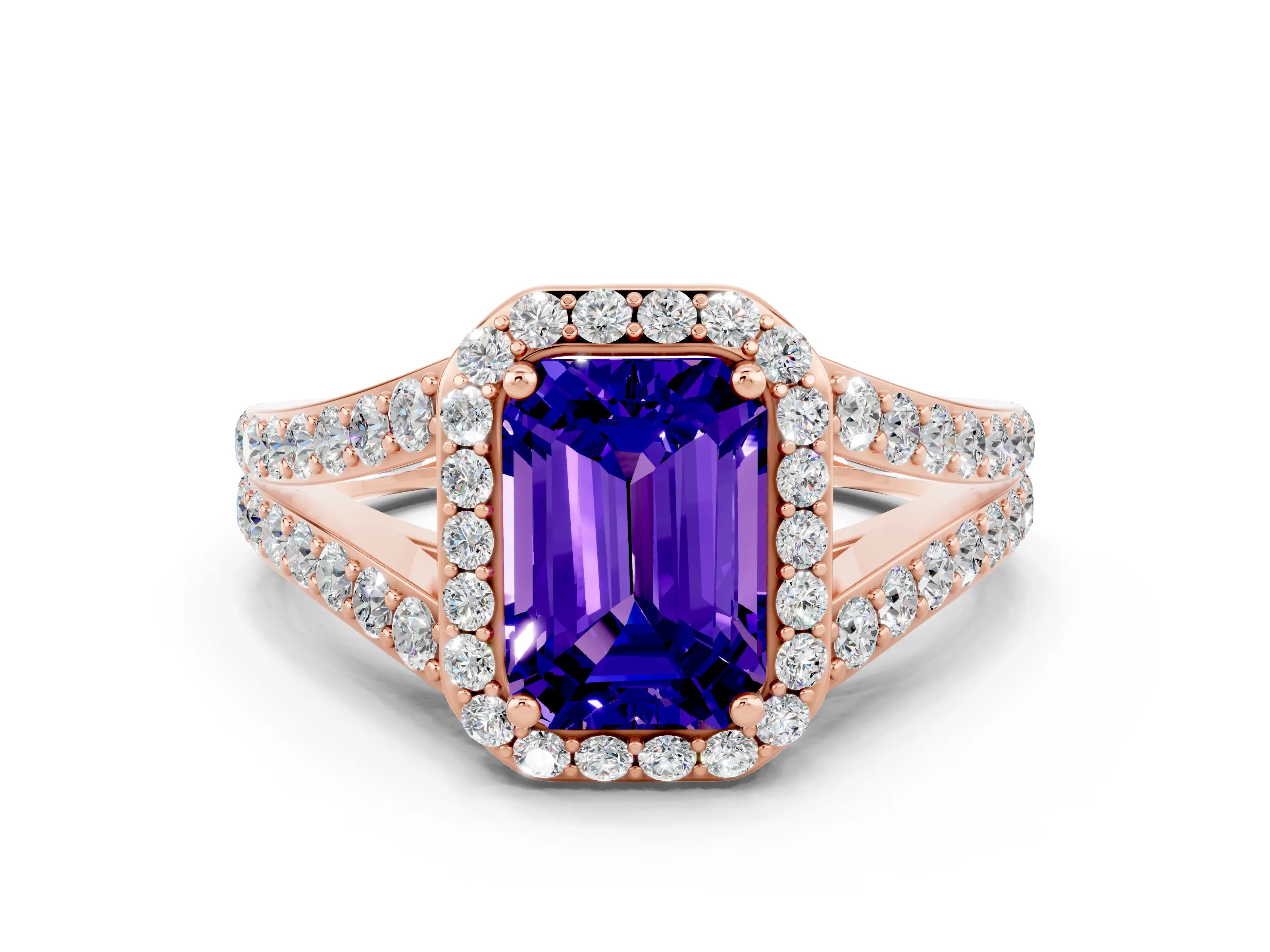 Rose gold Emerald Cut Tanzanite Split Shank Halo Ring with Four-Prong Setting_12
