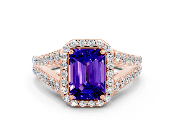 Rose gold Emerald Cut Tanzanite Split Shank Halo Ring with Four-Prong Setting