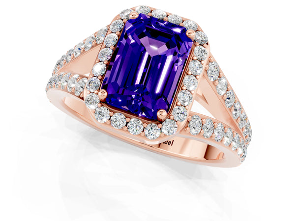 Rose gold Emerald Cut Tanzanite Split Shank Halo Ring with Four-Prong Setting