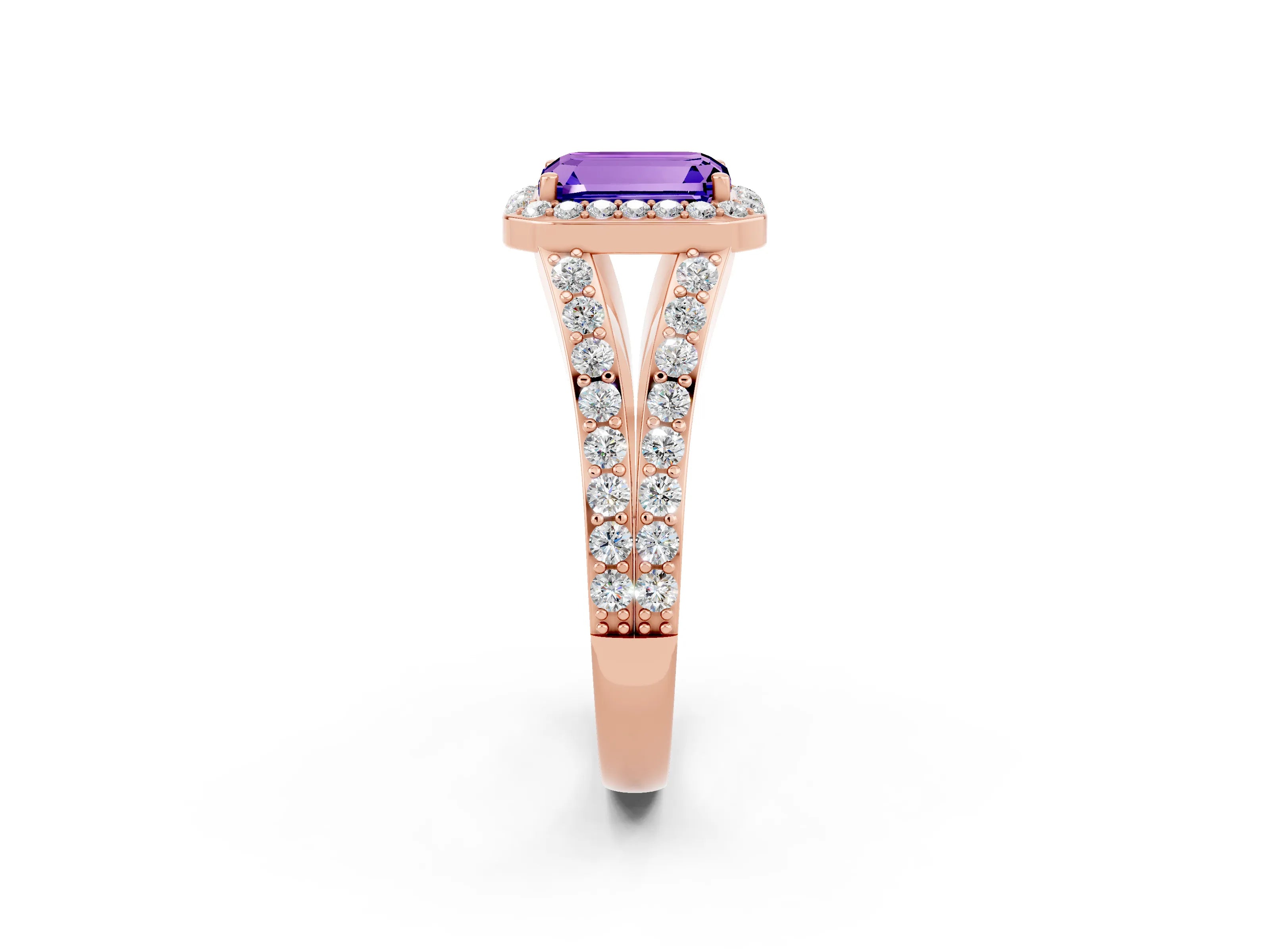 Rose gold Emerald Cut Tanzanite Split Shank Halo Ring with Four-Prong Setting_14