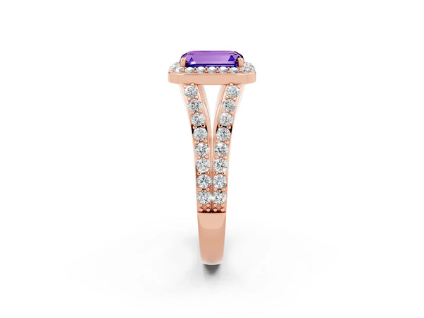 Rose gold Emerald Cut Tanzanite Split Shank Halo Ring with Four-Prong Setting