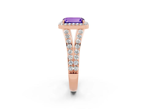 Rose gold Emerald Cut Tanzanite Split Shank Halo Ring with Four-Prong Setting_14