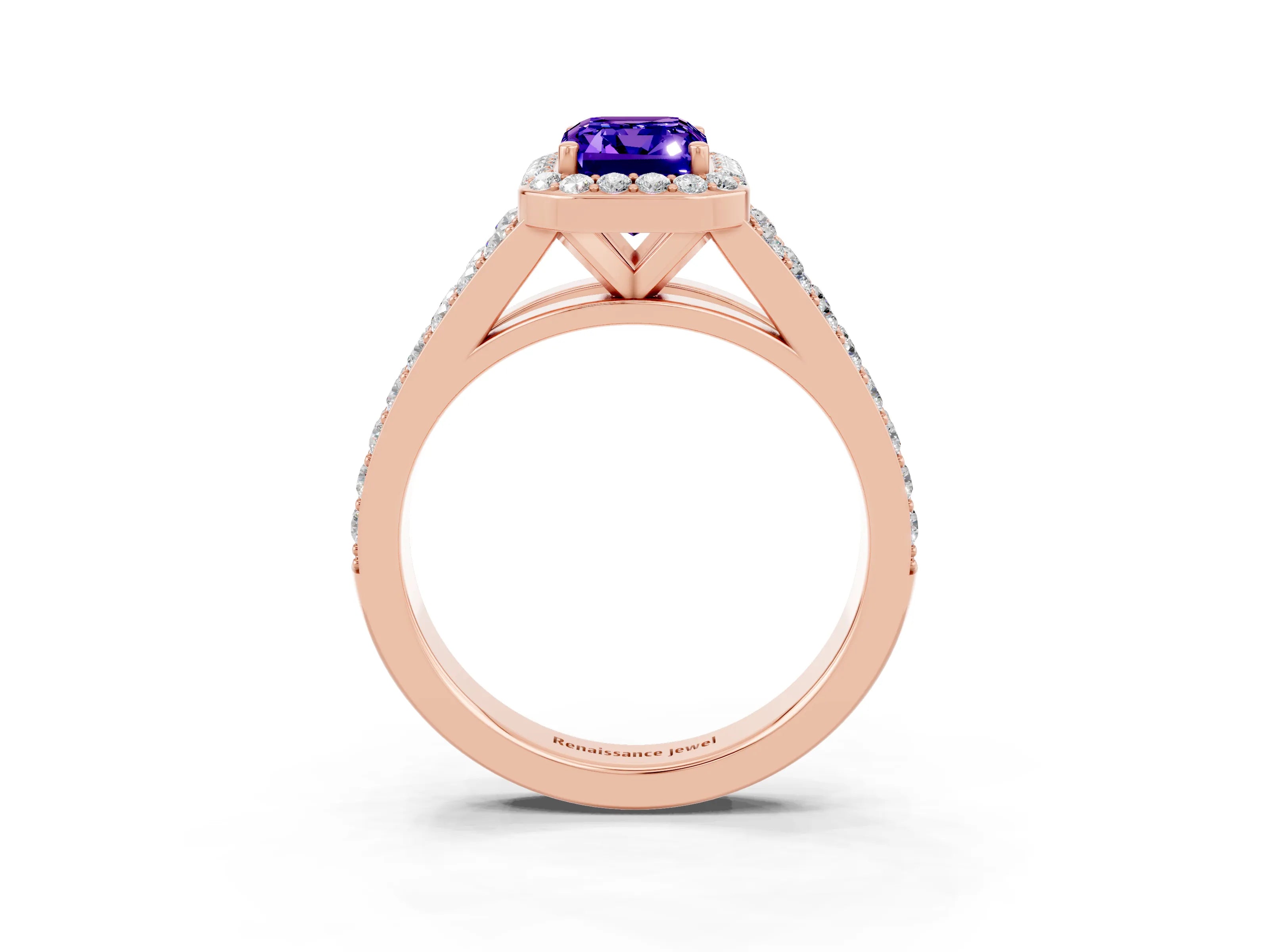 Rose gold Emerald Cut Tanzanite Split Shank Halo Ring with Four-Prong Setting_15