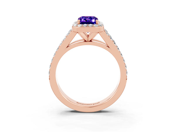 Rose gold Emerald Cut Tanzanite Split Shank Halo Ring with Four-Prong Setting