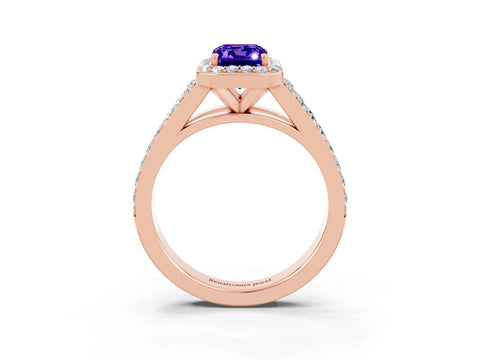 Rose gold Emerald Cut Tanzanite Split Shank Halo Ring with Four-Prong Setting_15