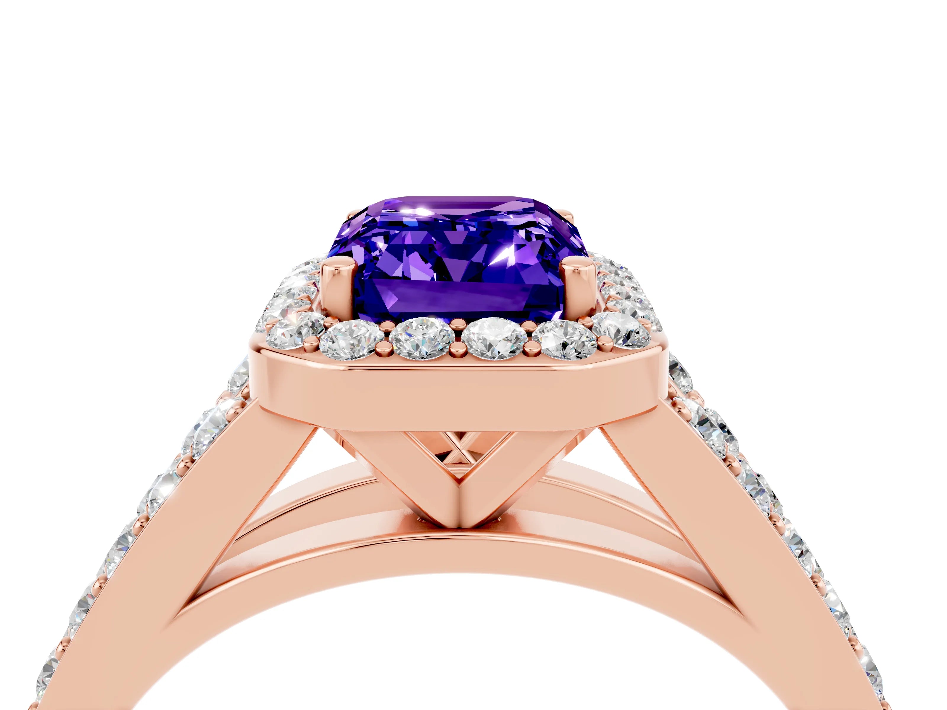Rose gold Emerald Cut Tanzanite Split Shank Halo Ring with Four-Prong Setting_16