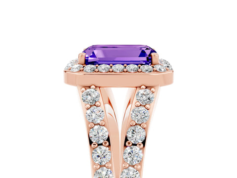 Rose gold Emerald Cut Tanzanite Split Shank Halo Ring with Four-Prong Setting_17