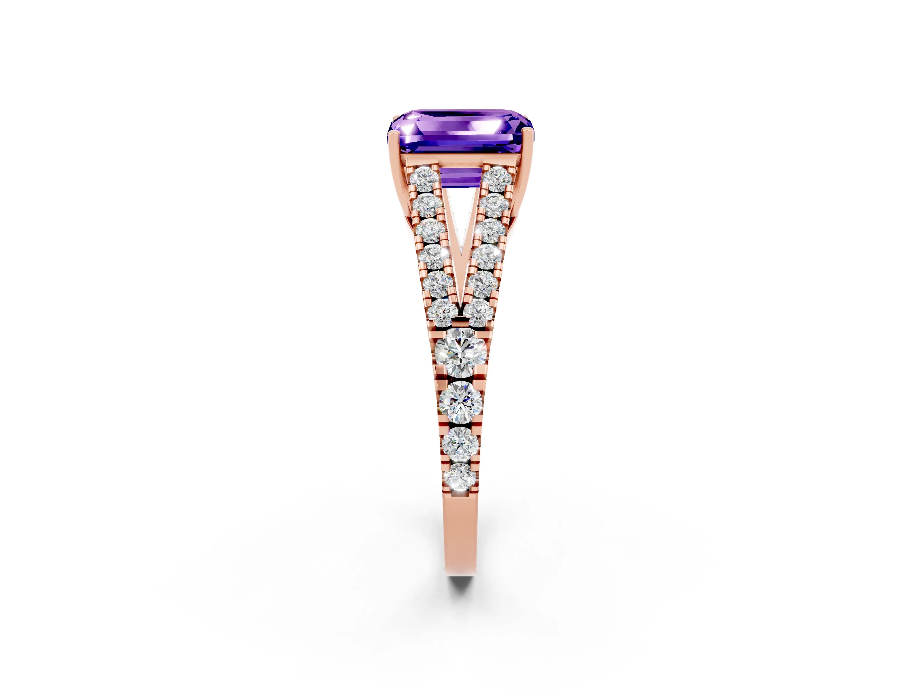 Rose gold Emerald Cut Tanzanite Split Shank Pavé Engagement Ring with Four-Prong Setting_34