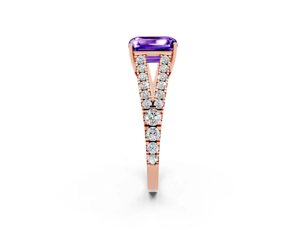 Rose gold Emerald Cut Tanzanite Split Shank Pavé Engagement Ring with Four-Prong Setting