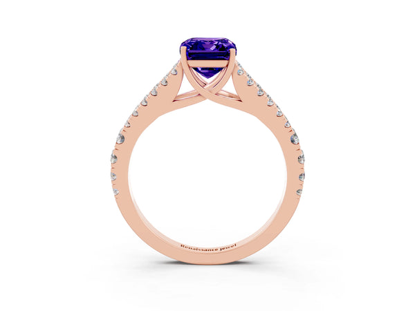 Rose gold Emerald Cut Tanzanite Split Shank Pavé Engagement Ring with Four-Prong Setting