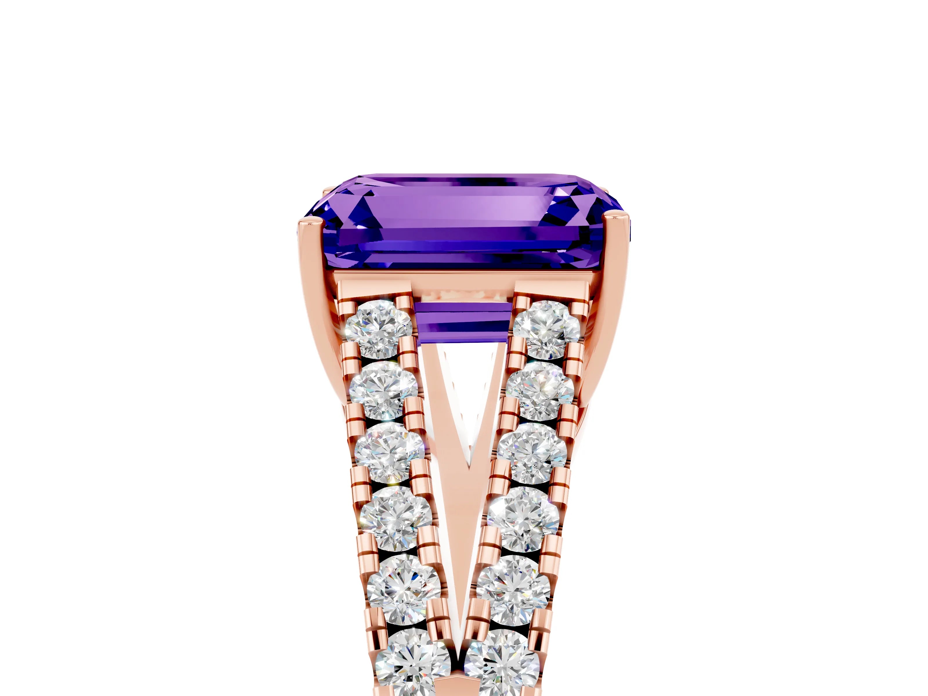 Rose gold Emerald Cut Tanzanite Split Shank Pavé Engagement Ring with Four-Prong Setting_37