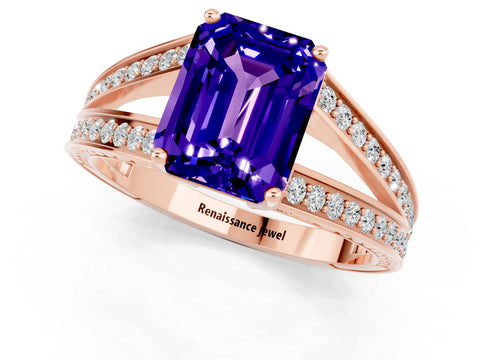 Rose gold Emerald Cut Tanzanite Split Shank Ring with Pavé Band and Four-Prong Setting_1